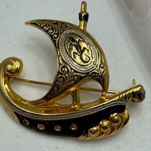 Vintage Damascene Gold and Black Ship Brooch